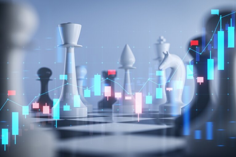 Chess,Pieces,On,A,Board,With,Transparent,Financial,Graphs,Overlay,