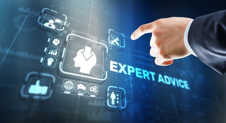 Expert,Advice.,Businessman,Hand,Touching,Inscription,On,Virtual,Screen