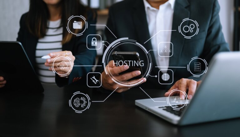 Web,Hosting,Concept,,Woman,Using,Computer,,Tablet,And,Presses,His