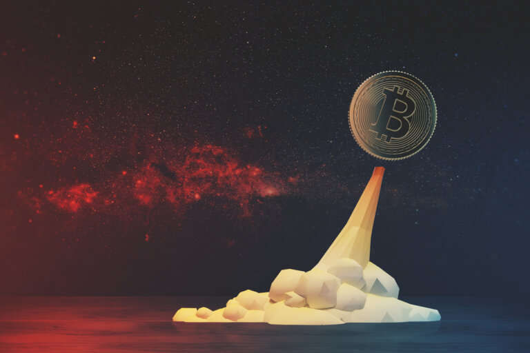 Glowing,Bitcoin,Flying,Like,A,Rocket,Against,A,Red,Open