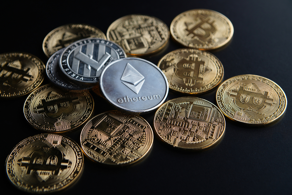 Coins,On,Black,Background,-,Litecoin,,Bitcoin,,Ethereum