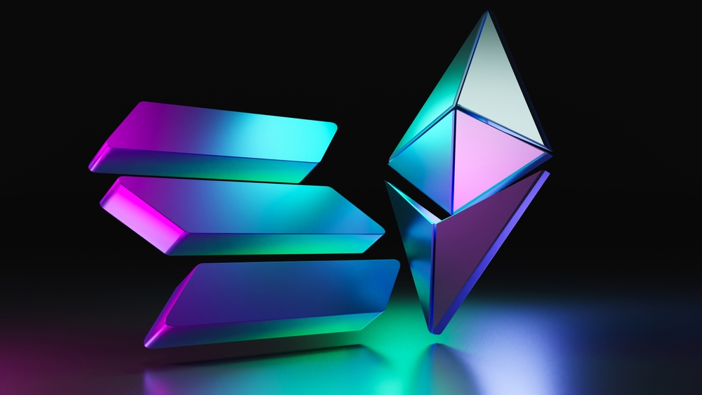 Solana,Vs,Ethereum,Logo,On,Dark,Background.,3d,Render