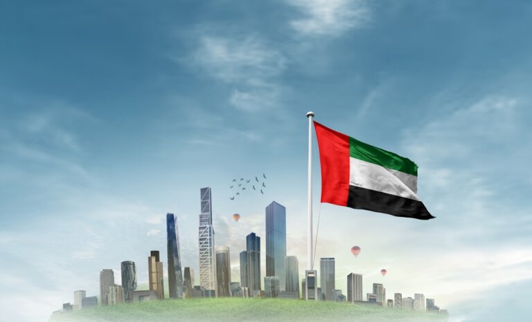 United,Arab,Emirates,National,Flag,Waving,With,Modern,Cityscape.,A