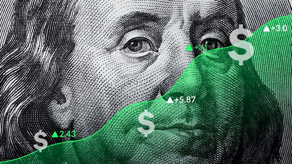 Green,Stock,Chart,Or,Graph,Overlay,On,The,100,Dollar