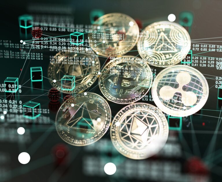 Bitcoin,ethereum,xrp,And,Trx,Gold,Coins,On,Futuristic,And,Abstract,Stock