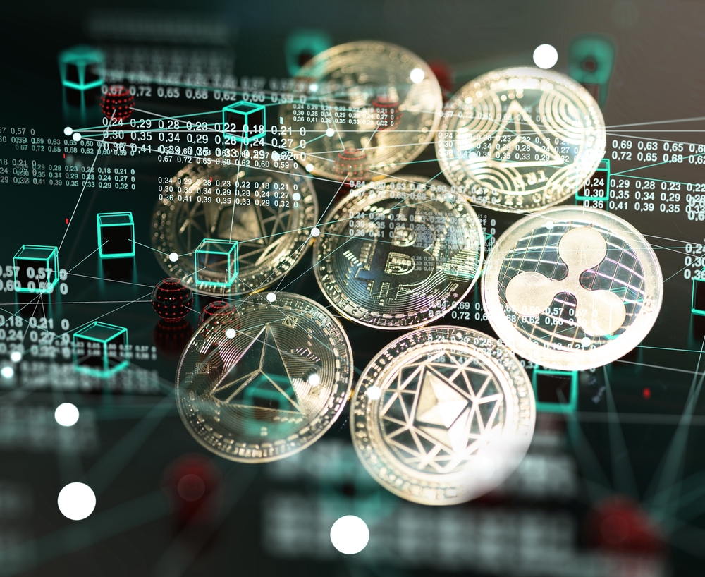 Bitcoin,ethereum,xrp,And,Trx,Gold,Coins,On,Futuristic,And,Abstract,Stock