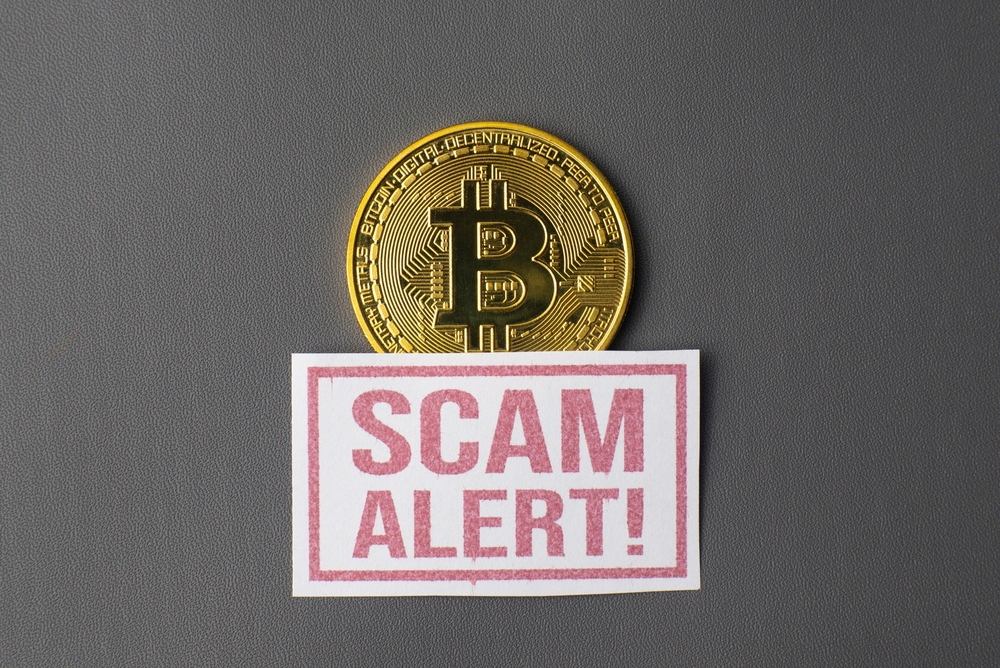 Bitcoin,With,A,Red,Warning,Sign,Scam,Alert,,Isolated,On