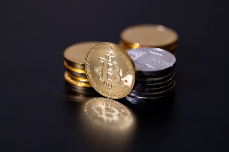 Cryptocurrency,Coins,Bitcoin,,Placed,On,A,Dark,Surface.,Digital,Assets