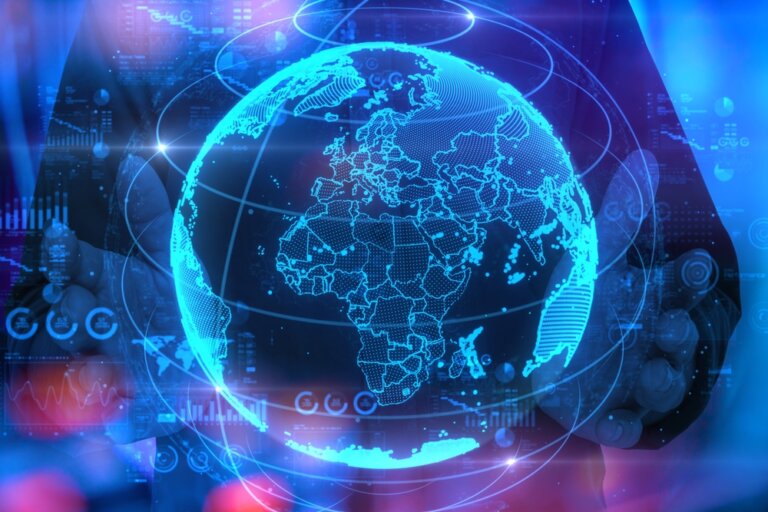 Man,Holding,Blue,Holographic,Globe,With,Nodes,Connected,Around,Earth.