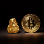 Closeup,Of,Big,Gold,Nugget,And,Gold,Bitcoin,Coin,On