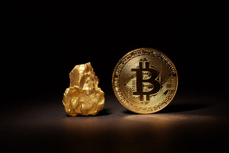 Closeup,Of,Big,Gold,Nugget,And,Gold,Bitcoin,Coin,On