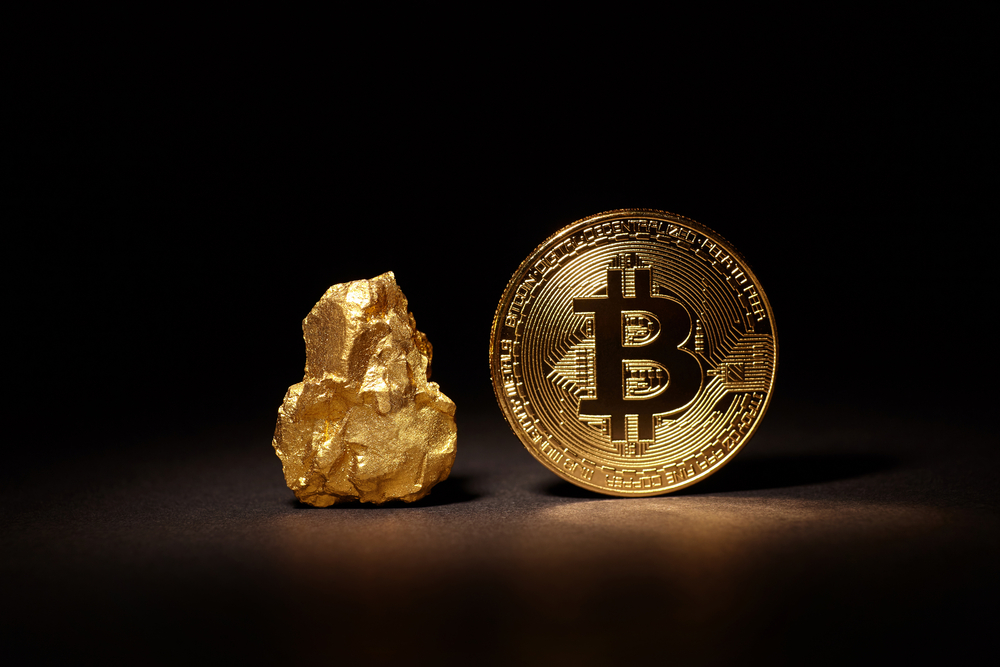 Closeup,Of,Big,Gold,Nugget,And,Gold,Bitcoin,Coin,On