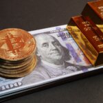 Gold,Bullion,And,Bitcoin,Coins,On,Stack,Of,Us,Dollar