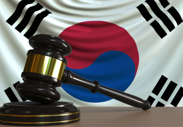 Judge's,Gavel,And,Block,Against,The,Flag,Of,South,Korea.